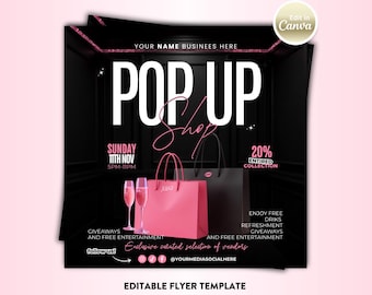 May include: A promotional flyer for a pop-up shop, featuring a pink shopping bag with "XOXO" and a black bag. The flyer includes the text "POP UP SHOP" in large white letters, event details, and information about giveaways and entertainment.