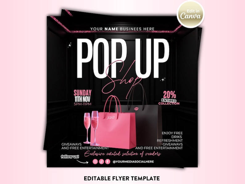 Op de afbeelding: Een promotieflyer voor een pop-up shop, met een roze tas met "XOXO" en een zwarte tas. De flyer bevat de tekst "POP UP SHOP" in grote witte letters, evenementdetails en informatie over weggeefacties en entertainment.