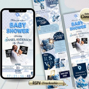 Puede incluir: Una invitación a un baby shower en la pantalla de un smartphone, con un diseño azul y blanco y el texto "Baby Shower" y detalles para Daniel Anderson. Se muestran invitaciones adicionales, con ositos de peluche y "Edit in Canva."