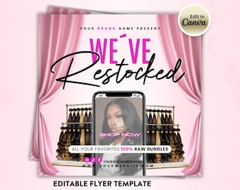 Restock Alert Flyer,We've Restocked Bundles Flyer Template | Edit On Canva | Hair Vendor Flyer | Raw Hair | Hair Business Flyer | Hair