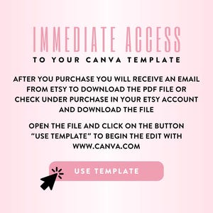 Op de afbeelding: Roze afbeelding met de tekst "IMMEDIATE ACCESS TO YOUR CANVA TEMPLATE". Er worden instructies gegeven voor het downloaden van een PDF-bestand na aankoop. Een roze knop met de tekst "USE TEMPLATE" wordt ook weergegeven.