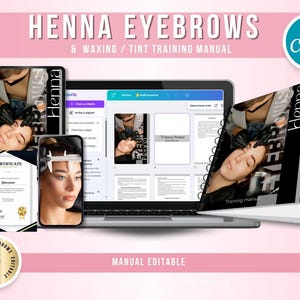 Puede incluir: Un producto digital para aprender a aplicar henna en las cejas. El producto incluye un manual de entrenamiento, un certificado y una plantilla digital. El manual es editable y se puede usar en una computadora o tableta. El producto está disponible para comprar en Etsy.