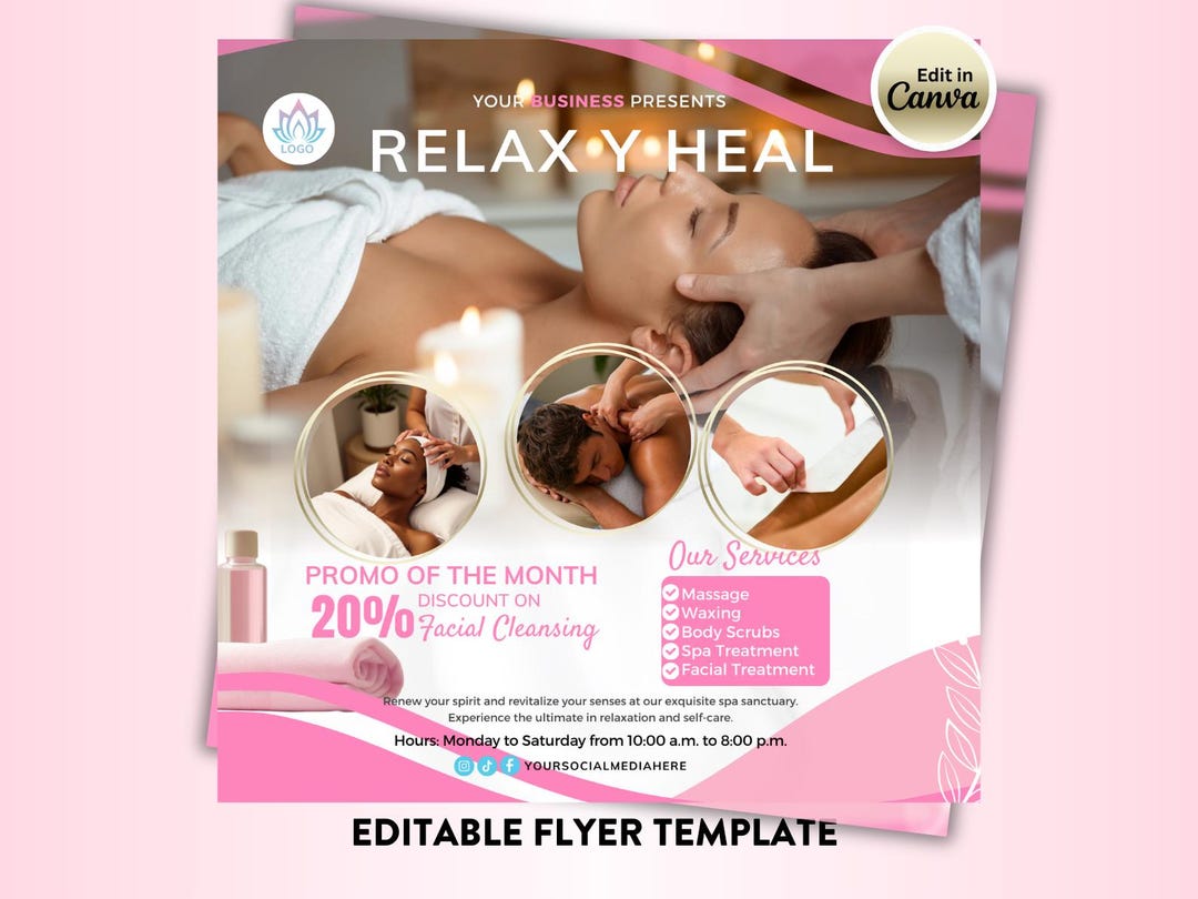 Spa Flyer Template, Relax and Heal Canva Design, Massage Waxing Facial ...