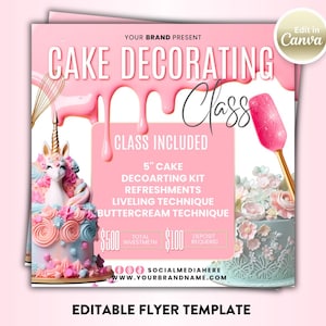Peut inclure: Flyer rose pour un cours de décoration de gâteaux. Le flyer comprend le texte « Cours de décoration de gâteaux » et « Classe incluse ». Des images de gâteaux décorés, d'un fouet et d'une spatule sont également présentées.