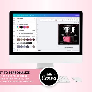 Op de afbeelding: Een computerscherm toont een ontwerpproject met de tekst "POP UP" en een roze handtassengrafiek. Het scherm toont bewerkingstools en kleurenpaletten. De afbeelding bevat de tekst "EASY TO PERSONALIZE" en "Edit in Canva".