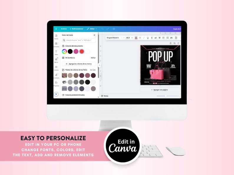 Op de afbeelding: Een computerscherm toont een ontwerpproject met de tekst "POP UP" en een roze handtassengrafiek. Het scherm toont bewerkingstools en kleurenpaletten. De afbeelding bevat de tekst "EASY TO PERSONALIZE" en "Edit in Canva".