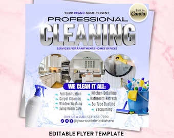 May include: A flyer for professional cleaning services. The design features the text "PROFESSIONAL CLEANING" in large, metallic letters. It lists services like full sanitization, carpet cleaning, and window washing. The flyer includes a call to action with a phone number and social media handles.