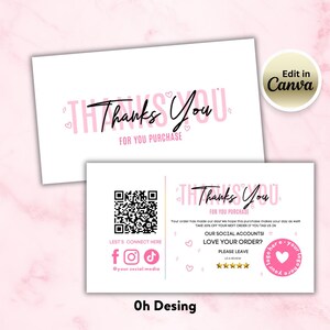 Puede incluir: Tarjetas de visita blancas con el texto "Thanks You" en rosa y negro, con las palabras "For Your Purchase" debajo. Las tarjetas incluyen un código QR, iconos de redes sociales y un logotipo de corazón rosa. El fondo es un patrón de mármol rosa claro.