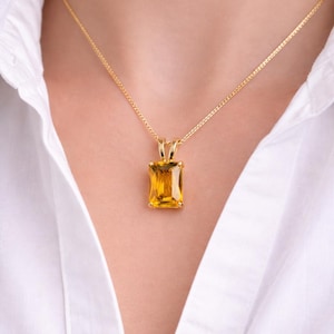 Radiant Cut Citrine Necklace, November Birthstone Necklace, Silver Necklace, Solid Gold Necklace, Solitaire Necklace, Christmas Gift for her