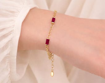 Baguette Ruby Bracelet, Minimal Silver Bracelet, July Birthstone Jewelry, Red Gemstone Bracelet,Ruby Jewelry valentine gift, Gift For Mom