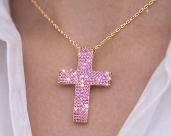Roze kristallen kruisketting, vergulde kruishanger, sierlijke religieuze sieraden, sprankelende christelijke ketting cadeau voor haar valentijnsdag