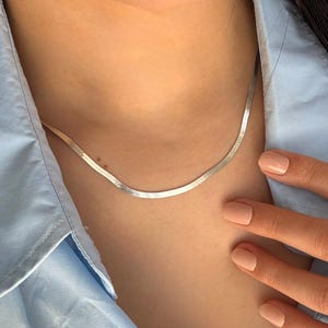 May include: A silver chain necklace on a person's neck. The chain is thin and has a flat, slightly curved design.