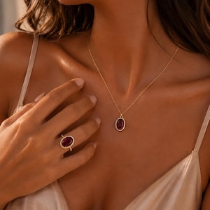 Genuıne Ruby Halo Necklace & Ring Set, Gold Bridal Jewelry Set, Oval Ruby Pendant, Diamond Halo Ring, Anniversary Gift for Her