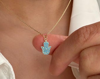 Hamsa gold necklace, Hand of Fatima Jewelry, Evil Eye Pendant, Hamsa Hand Necklace, Protection Talisman Charm, Gift for Mom