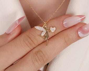 Fairy Heart Pendant Necklace: Gold-Plated Whimsical Charm, Christmas Gift, Mother’s Day gift for her, Valentine’s Day gift