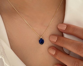 Sapphire Oval Solitaire Necklace: September Birthstone, Solid Gold, Christmas Gift, Halloween Gift, Mother’s Day gift, Valentine’s Day gift