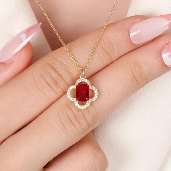 Ruby Four Leaf Clover Necklace – Sterling Silver Pendant, July Birthstone Jewelry, Elegant Red Gemstone, Lucky Charm Necklace, ruby necklace