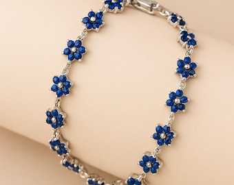 Flower Bracelet Sapphire Tennis Bracelet, Real Silver bracelet, blue sapphire bracelet, Sapphire Birthstone Bracelet, Christmas gifts