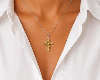 Collana con ciondolo a croce in citrino, gioielli a croce in argento sterling, regalo cristiano per lei, collana con pietra portafortuna di novembre, regalo di Natale, San Valentino