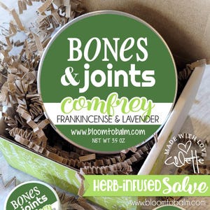 May include: A green tin with a white label that reads "BONES & joints comfrey FRANKINCENSE & LAVENDER www.bloomtobalm.com NET WT 3.5 OZ" and a smaller label that reads "MADE WITH LOVE Colette HERB-INFUSED Salve www.bloomtobalm.com".