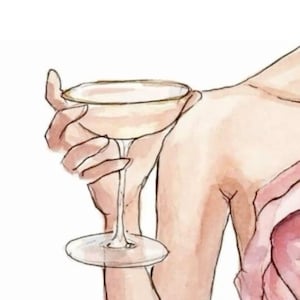 May include: Watercolor illustration featuring the word "VOGUE" in black capital letters. Below, a hand holds a champagne glass filled with a light-colored liquid. The artwork has a soft, feminine aesthetic with a focus on elegance.