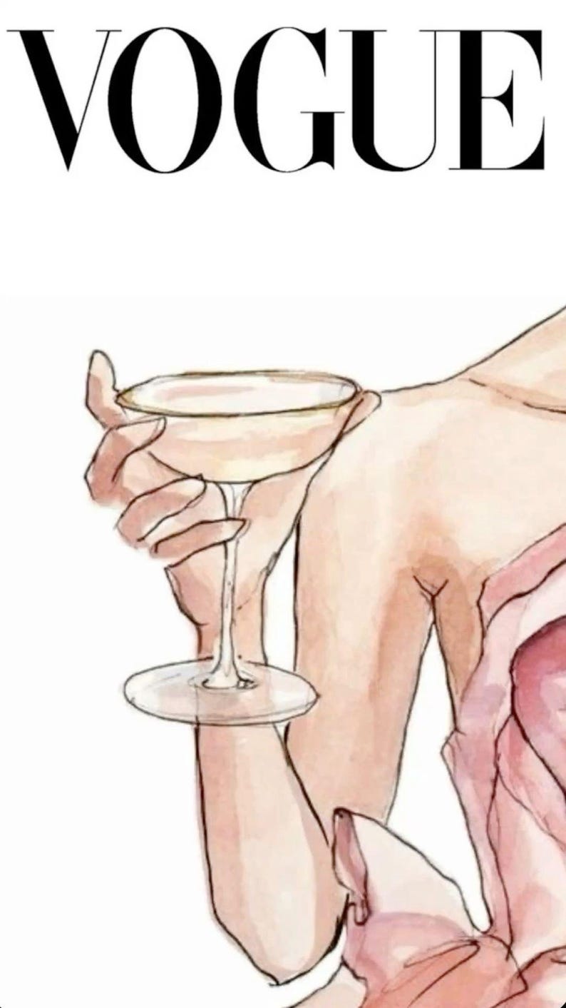 May include: Watercolor illustration featuring the word "VOGUE" in black capital letters. Below, a hand holds a champagne glass filled with a light-colored liquid. The artwork has a soft, feminine aesthetic with a focus on elegance.