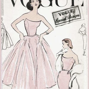May include: Vintage Vogue pattern illustration featuring a pink strapless dress with a full skirt. The image includes the Vogue logo and text "Special Design". The illustration showcases a retro fashion design.