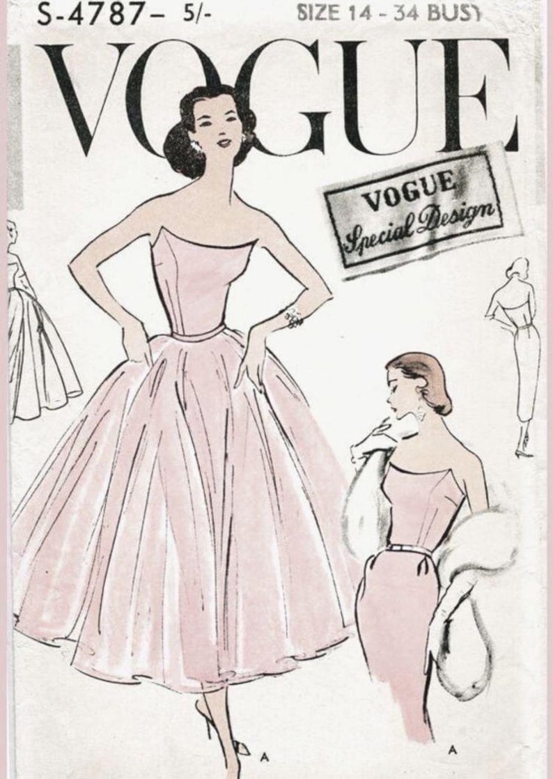 May include: Vintage Vogue pattern illustration featuring a pink strapless dress with a full skirt. The image includes the Vogue logo and text "Special Design". The illustration showcases a retro fashion design.