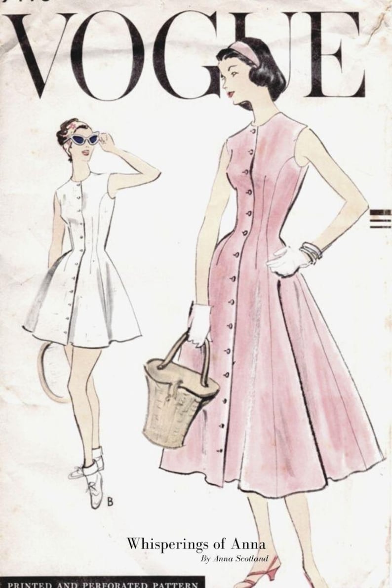 May include: Vintage Vogue pattern cover featuring two women in dresses. One wears a white dress with buttons, sunglasses, and a headband. The other wears a pink dress, holding a basket bag. The text "VOGUE" is at the top.