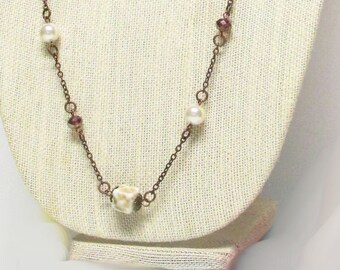 36" Cream/Tan Glass Beads w/Copper Chain Necklace Set #21652