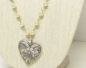 34" Cream Glass Pearl Necklace with Heart Pendant #20512 ON SALE!