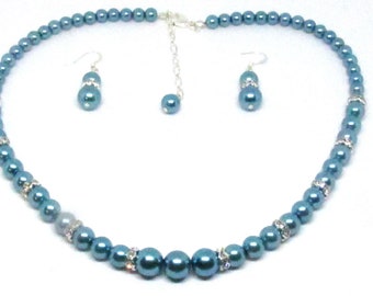 18" Montana Blue Glass Pearl Wedding Set / Bride, Bridesmaid, Pearl Wedding Jewelry / Prom Necklace