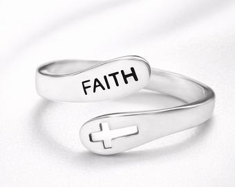 Faith Ring – Adjustable .925 Sterling Silver Cross & Engraved Script – Christian Gift for Her