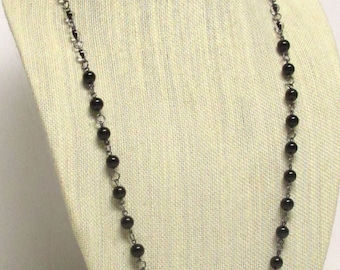 36" Black Glass Pearl Necklace /  Black Glass Pearls black and clear glass beads #20682