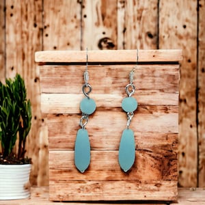 Seafoam Blue Sea Glass Dangle Earrings: Silver Plated