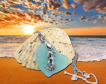 18” Opaque Sea Foam Sea Glass Necklace Heart shaped with Mermaid / Beach Necklace / Beach Jewelry / Sea Glass Jewelry -on Sale!