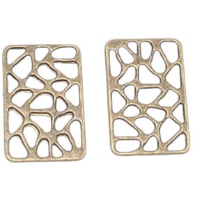 May include: Two rectangular, openwork metal components with an irregular, organic pattern. The components have a warm, antique brass finish. The design features a series of interconnected, rounded shapes, creating a network of negative space. These are likely jewelry components.