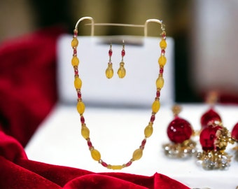 32" Red and Honey Necklace Set / Crystal Necklace Set