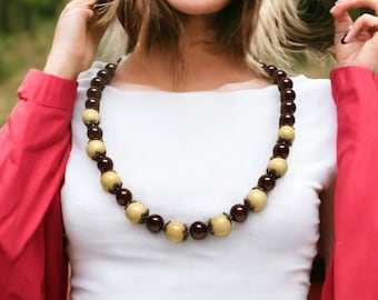 19 inch Brown Glass Pearl and Wooden Bead Necklace Set / Wood and Glass Pearl Beaded Necklace