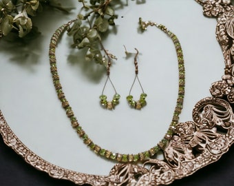 20 inch Vintage Crystal and Antique Copper Necklace / Green AB and Champagne AB Crystal Necklace