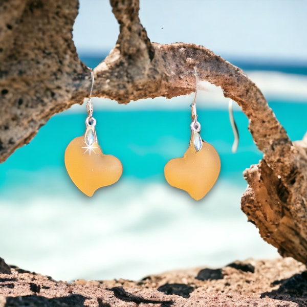 Honey Yellow Sea Glass Heart Earrings / Sea Glass Jewelry / Beach Jewelry / Sea Glass Heart Earrings / Mothers Day / On Sale!