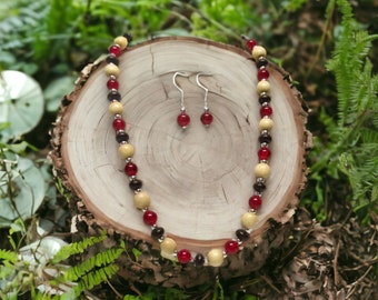 26 inch Necklace with Red Crackle Glass and Wooden Beads #18292 / Wood Beads and Glass Beads