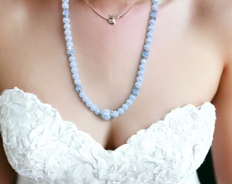 19" White Glass Pearl Wedding Necklace Set with 2" Extension Chain / Bride, Bridesmaid, Wedding Jewelry, Prom Jewelry