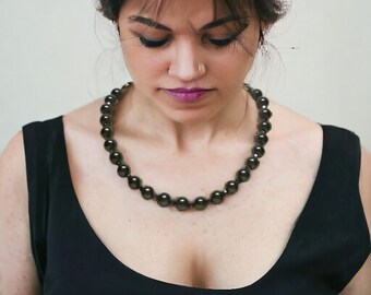 19" Black Glass Pearl Necklace Set / Elegant Black Glass Pearl Necklace