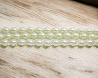 Lime Teardrop Glass Pearls / 7x9mm Lime Glass Pearls / 16 inch Strand