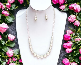 28 inch White Glass Pearl Wedding Necklace Set #19122