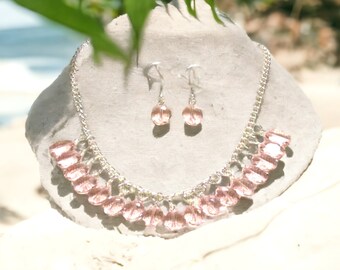 18 inch Pink Oval Crystal Necklace Set / Pink Crystal Necklace
