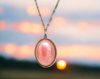 Elegant Handcrafted Pink Cabochon Necklace with a 34" Stainless Steel Chain and Pink Crystals