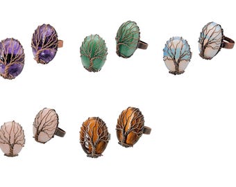 Gemstone Copper Tree of Life Ring - Adjustable Wired Ring