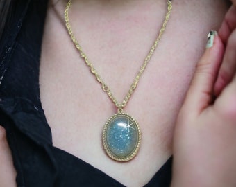 27" Handcrafted Blue Cabochon Pendant Necklace / Antique Bronze Chain / Blue Pendant Necklace
